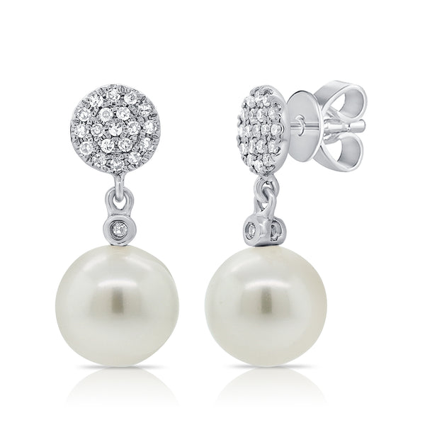 14K White Gold Diamond Disc + Pearl Earrings