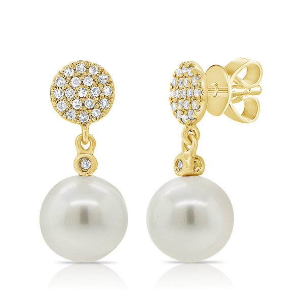 14K Yellow Gold Diamond Disc + Pearl Earrings