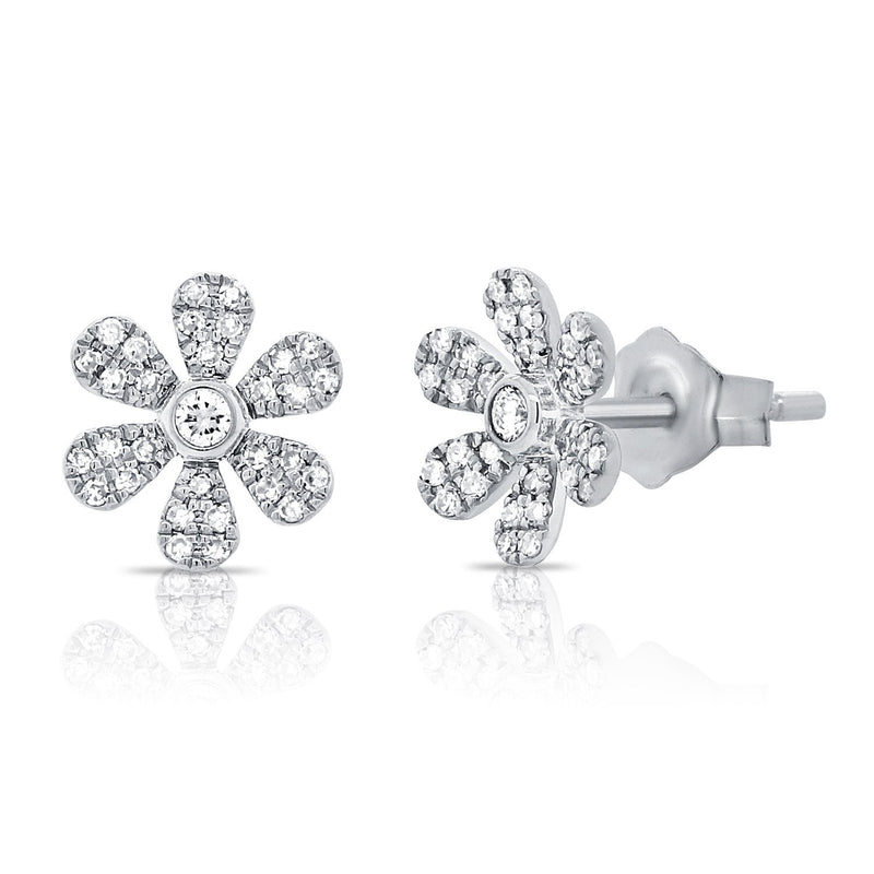 14K White Gold Diamond Flower Earrings