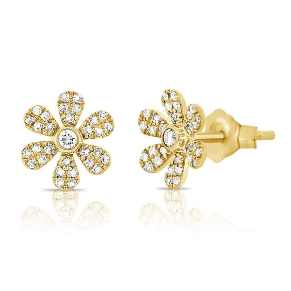 14K Yellow Gold Diamond Flower Earrings-EARRINGS-aaron jewelry-YELLOW GOLD-