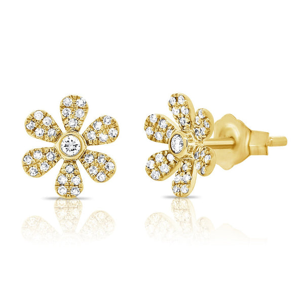 14K Yellow Gold Diamond Flower Earrings