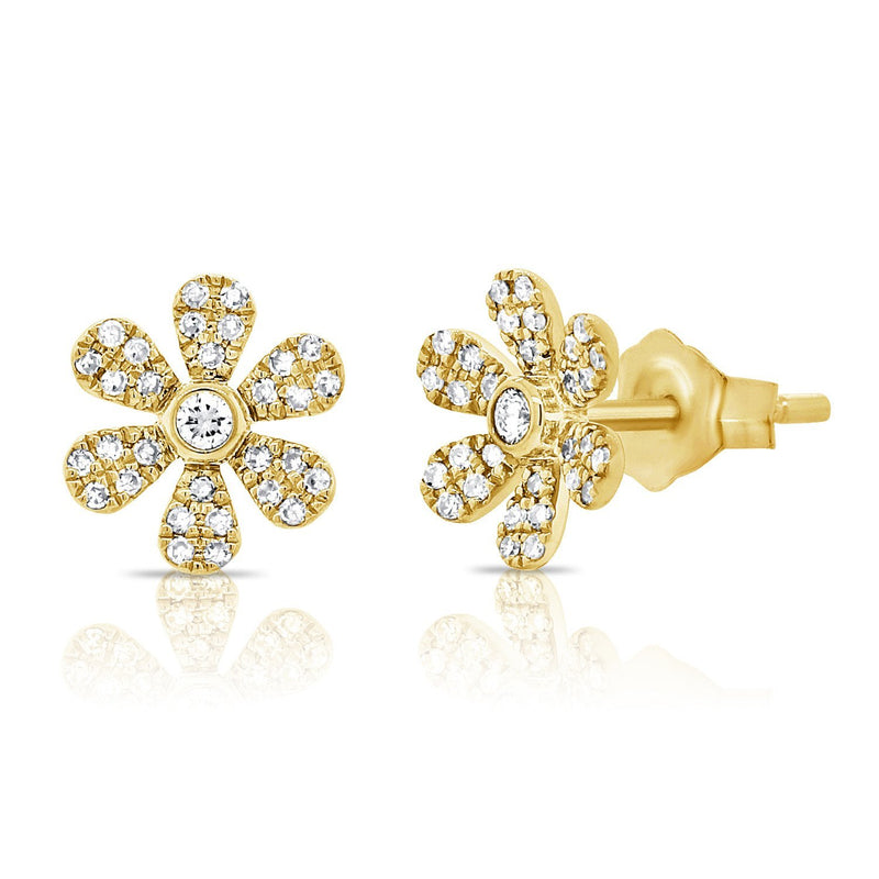 14K Yellow Gold Diamond Flower Earrings-EARRINGS-aaron jewelry-YELLOW GOLD-