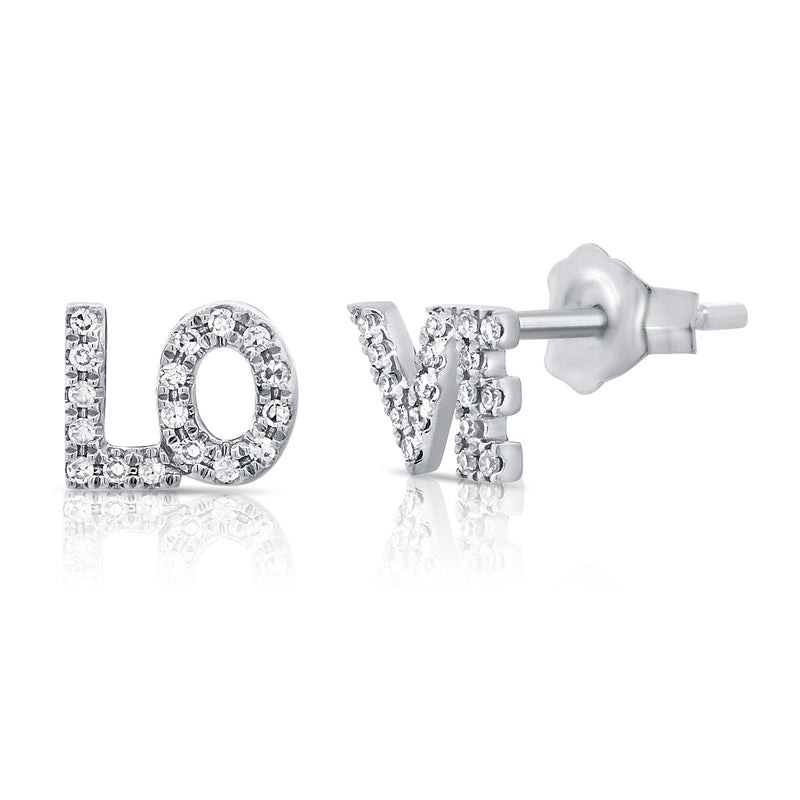 14K White Gold Diamond "Love" Stud Earrings