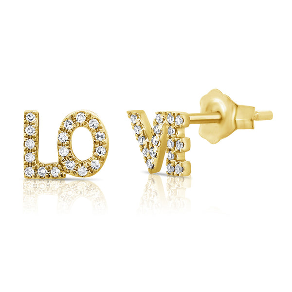 14K Yellow Gold Diamond "Love" Stud Earrings