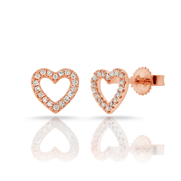 14K Rose Gold Diamond Open Heart Stud Earrings