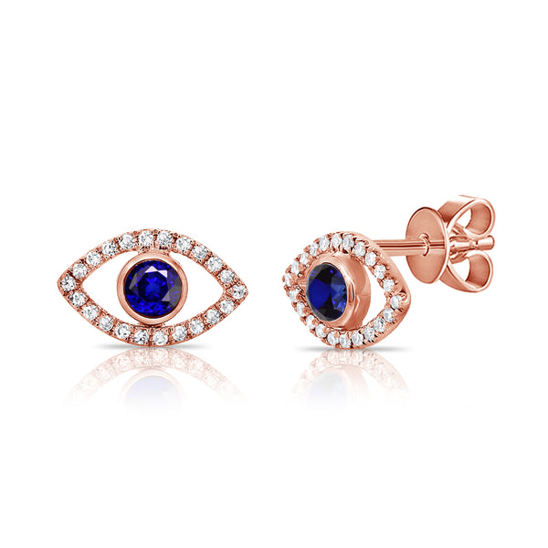14K Rose Gold Diamond + Sapphire Evil Eye Earrings