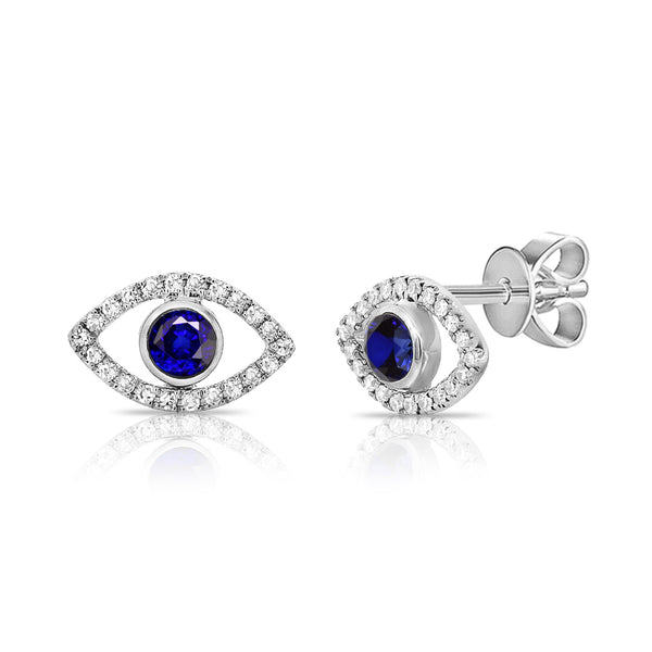 14K White Gold Diamond + Sapphire Evil Eye Earrings