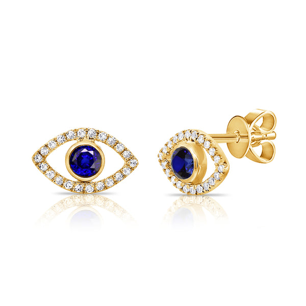 14K Yellow Gold Diamond + Sapphire Evil Eye Earrings-EARRINGS-aaron jewelry-YELLOW GOLD-