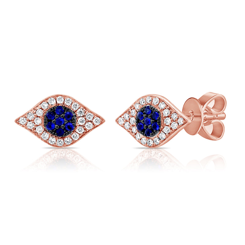 14K Yellow Gold Diamond + Blue Sapphire Evil Eye Earrings