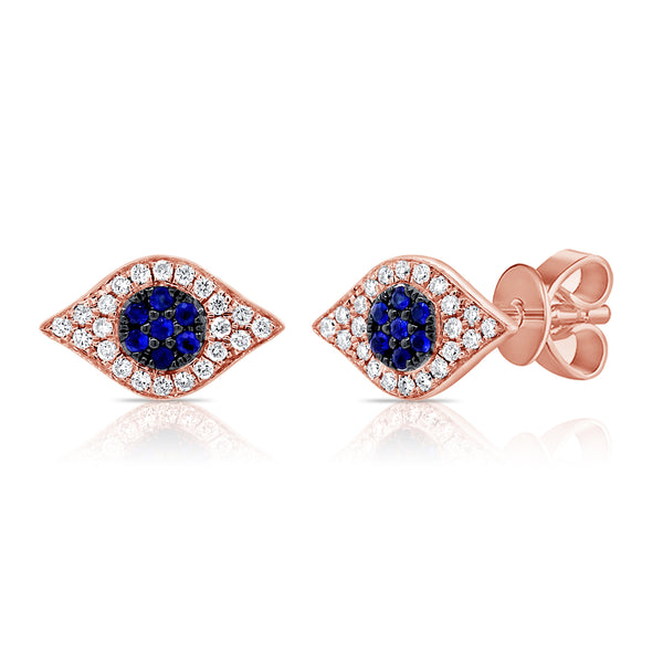 14K White Gold Diamond + Blue Sapphire Evil Eye Earrings