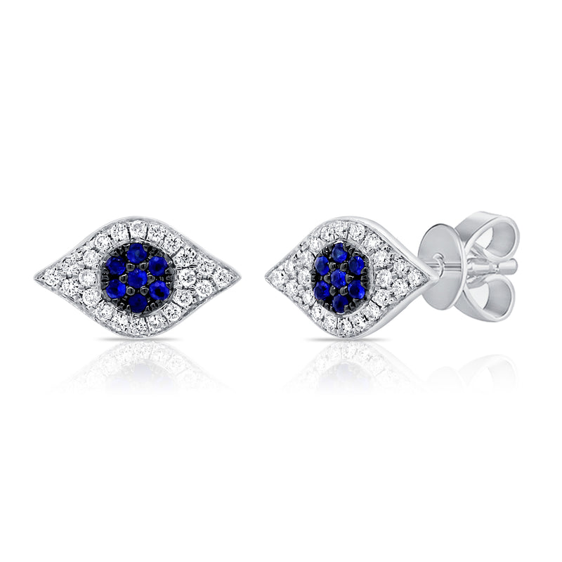 14K White Gold Diamond + Blue Sapphire Evil Eye Earrings