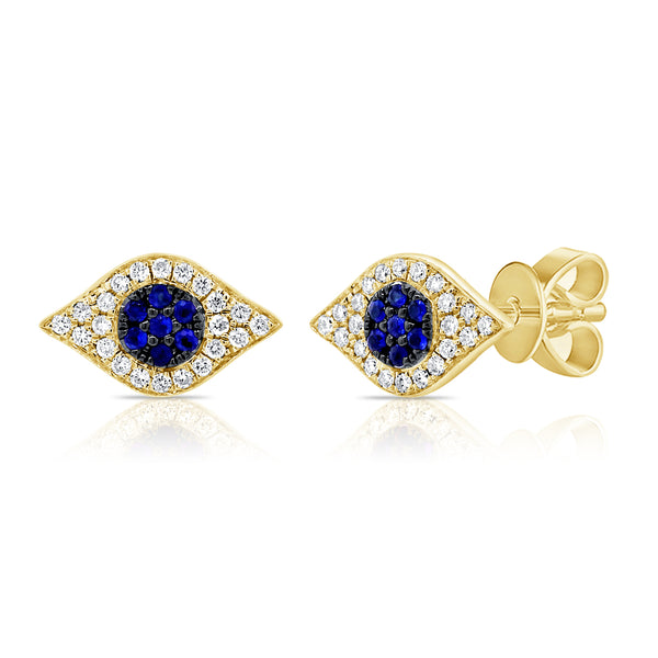 14K Yellow Gold Diamond + Blue Sapphire Evil Eye Earrings-EARRINGS-aaron jewelry-YELLOW GOLD-