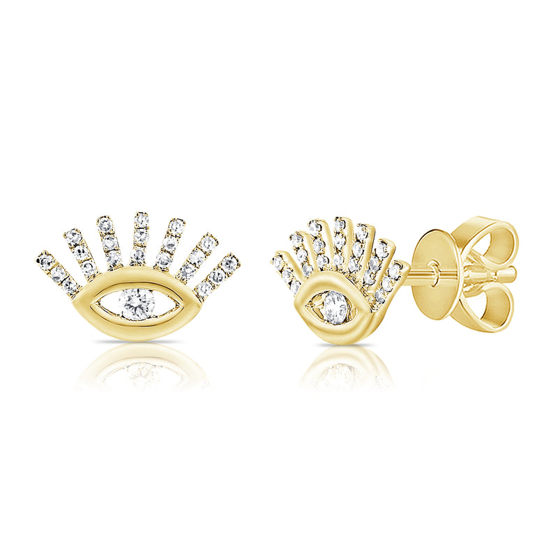14K Yellow Gold Diamond Evil Eye Stud Earrings