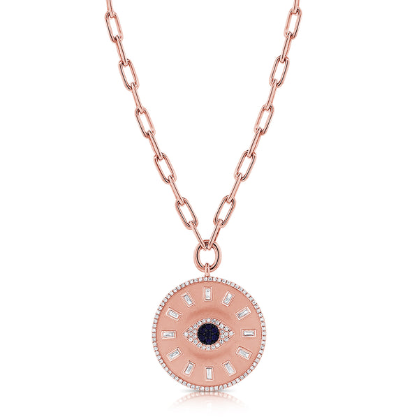 14K Rose Gold Diamond + Sapphire Evil Eye Coin Necklace