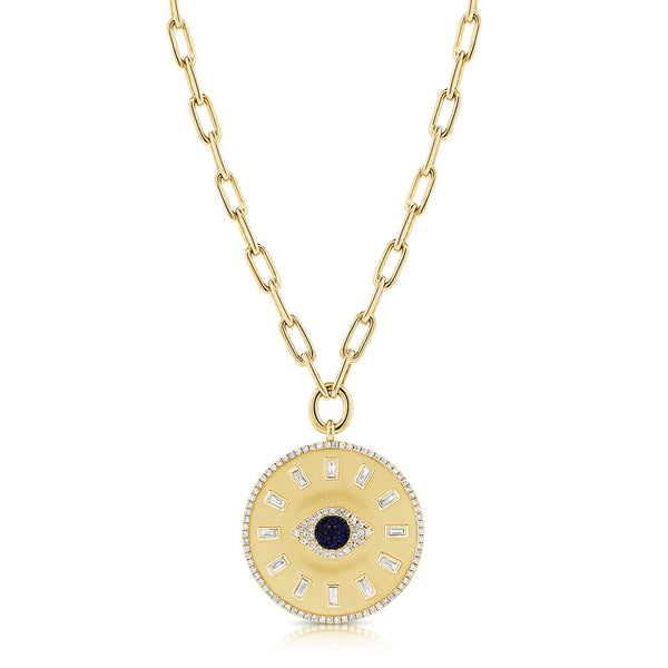 14K Yellow Gold Diamond + Sapphire Evil Eye Coin Necklace