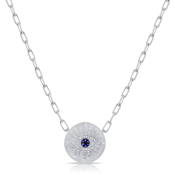 14K Rose Gold Diamond + Blue Sapphire Evil Eye Necklace