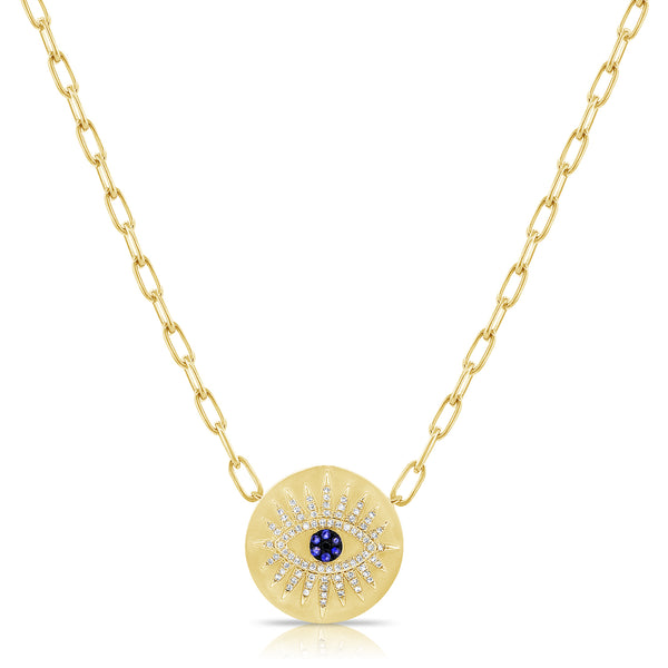 14K White Gold Diamond + Blue Sapphire Evil Eye Necklace