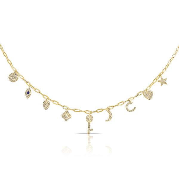 14K Yellow Gold Diamond + Sapphire Charm Necklace