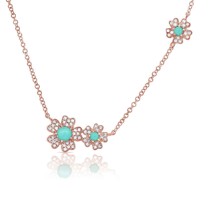 14K Yellow Gold Diamond + Turquoise Flower Necklace