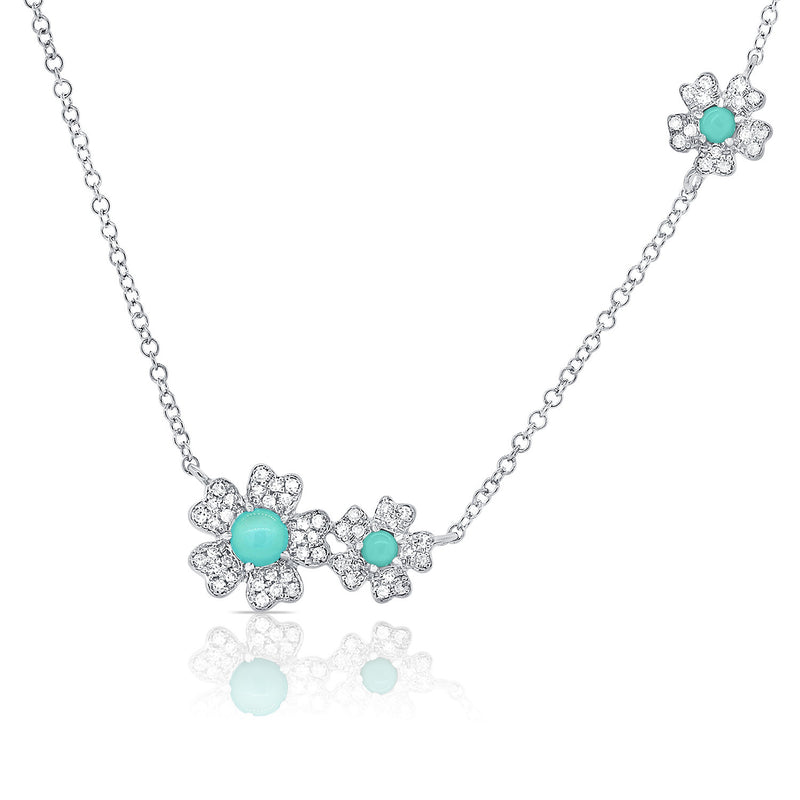 14K White Gold Diamond + Turquoise Flower Necklace