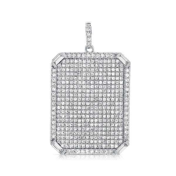 14K White Gold Round+Baguette Diamond Rectangle Pendant