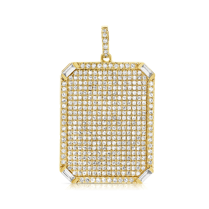 14K Yellow Gold Round+Baguette Diamond Rectangle Pendant