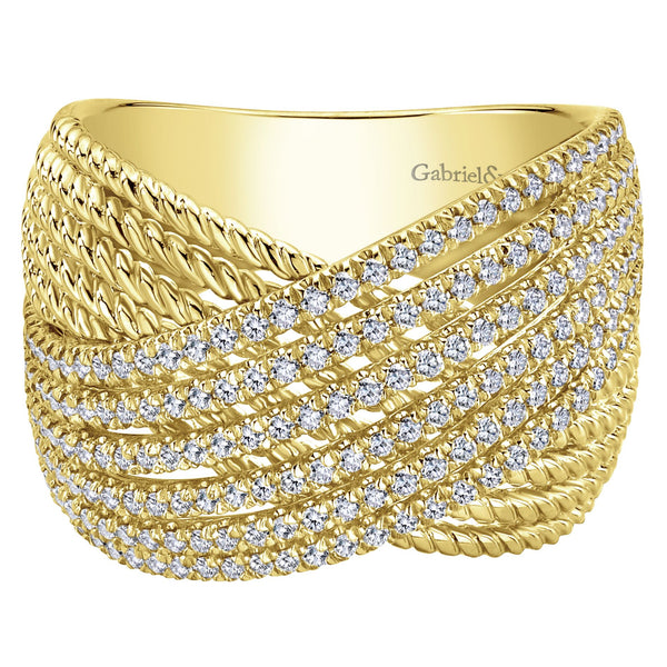 14K Yellow Gold Diamond Rope Multi Row X Ring-Rings-gabriel & co-