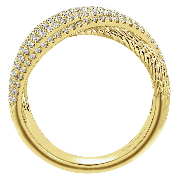 14K Yellow Gold Diamond Rope Multi Row X Ring