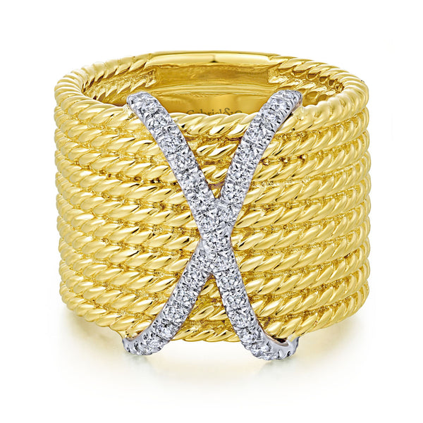 14K Yellow Gold Diamond X Twisted Multi Band Ring