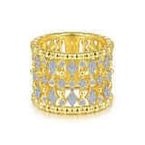 14K Yellow Gold Diamond Beaded Thick Ring