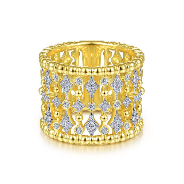 14K Yellow Gold Diamond Beaded Thick Ring