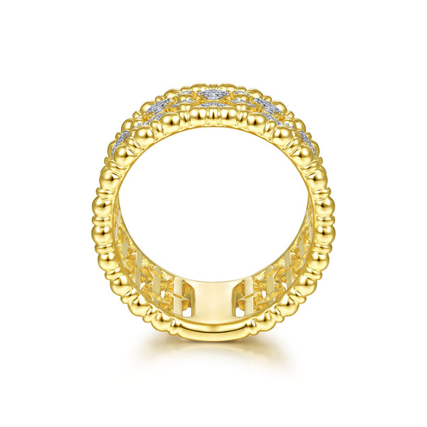 14K Yellow Gold Diamond Beaded Thick Ring