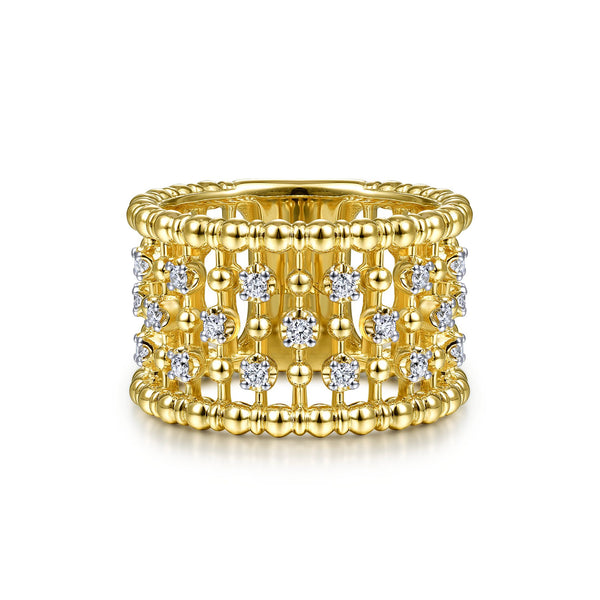 14K Yellow Gold Diamond Beaded Ring