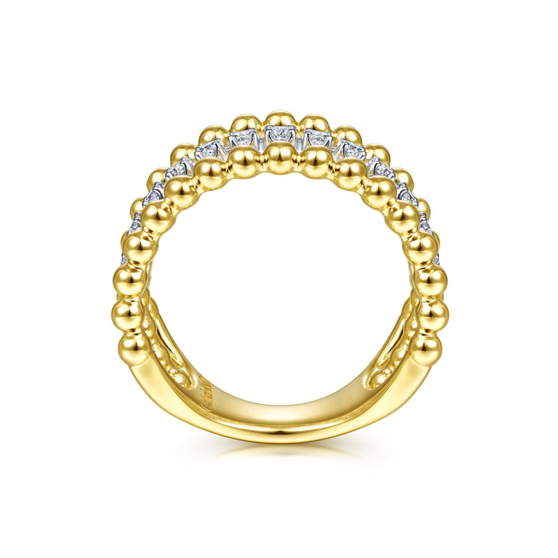 14K Yellow Gold Diamond Triple Row Beaded Ring