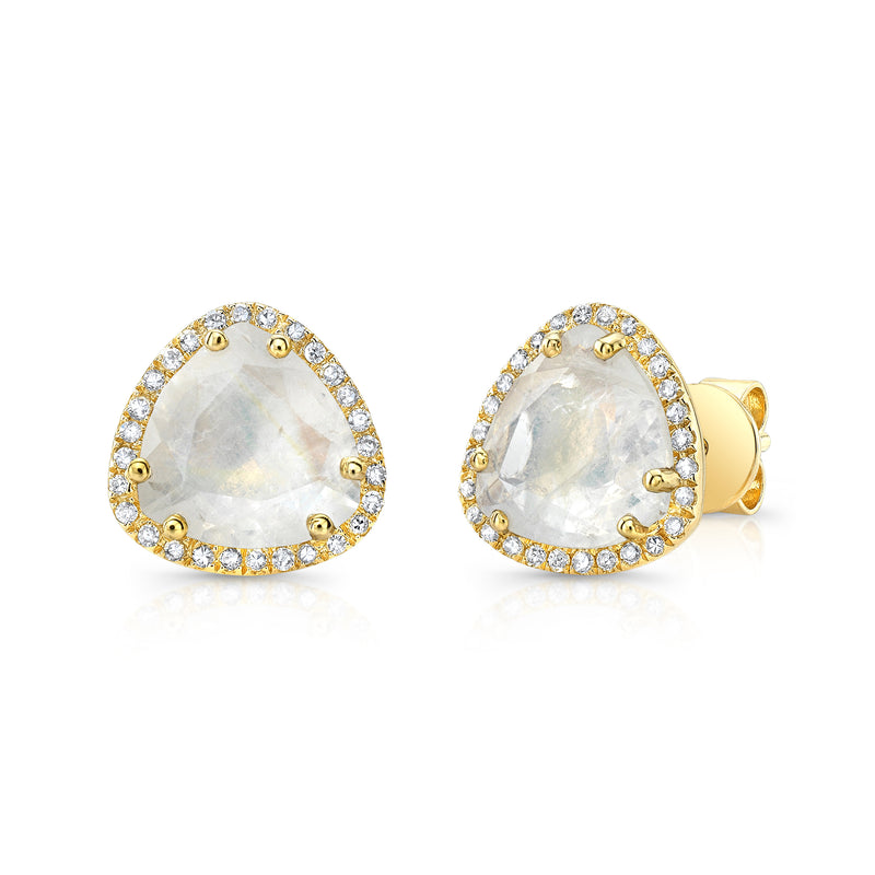 14K Yellow Gold Diamond + Moonstone Trillion Stud Earrings