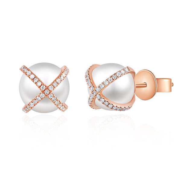 14K Rose Gold Diamond X + Pearl Earrings