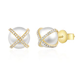 14K Yellow Gold Diamond X + Pearl Earrings