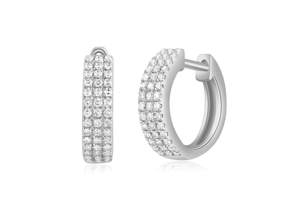 14K White Gold Diamond Triple Row Huggie Earrings