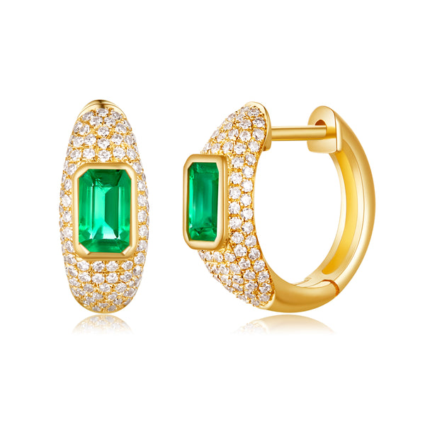14K Yellow Gold Diamond + Emerald Huggie Earrings