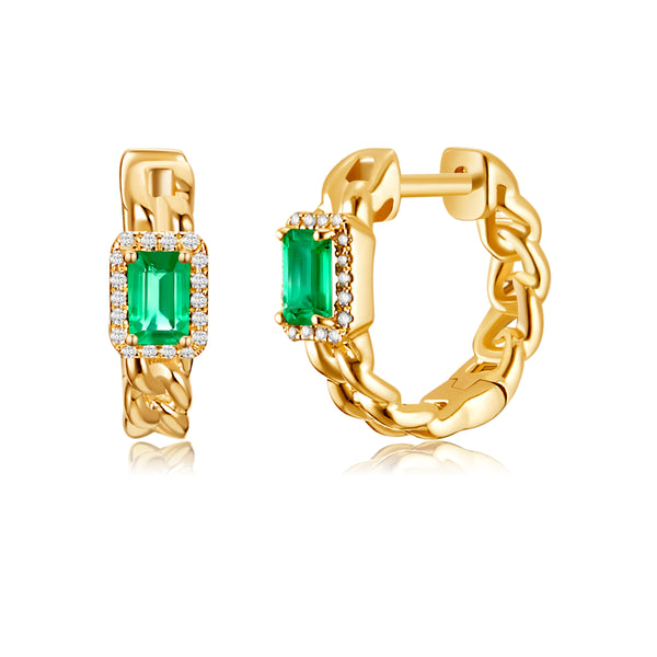 14K Yellow Gold Diamond + Emerald Link Huggie Earrings