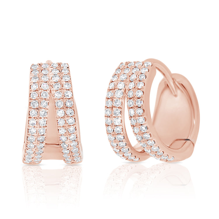 14K Yellow Gold Diamond Double Row Split Huggie Earrings