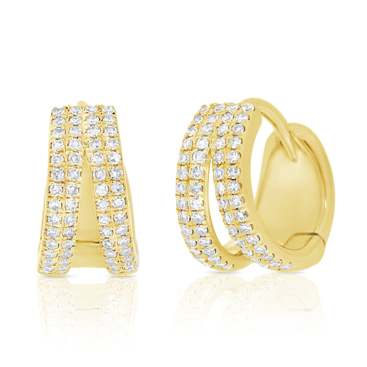14K Yellow Gold Diamond Double Row Split Huggie Earrings