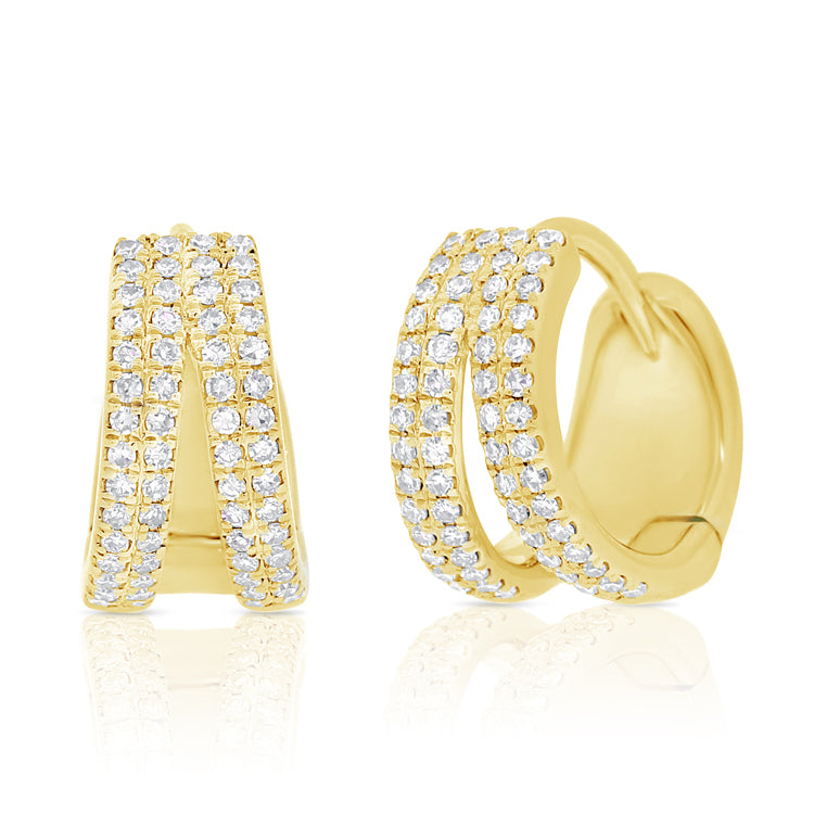 14K Yellow Gold Diamond Double Row Split Huggie Earrings