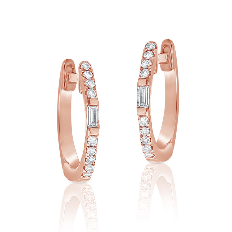 14K Rose Gold Round and Baguette Diamond Huggie Earrings