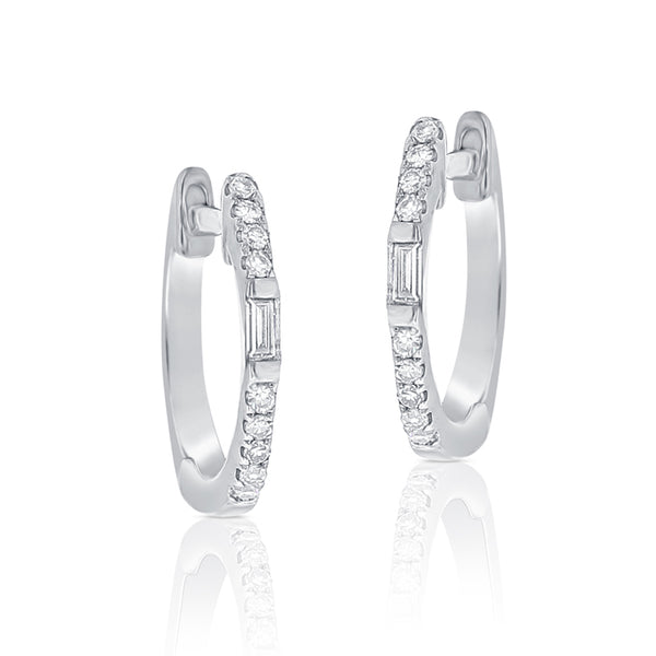 14K White Gold Round and Baguette Diamond Huggie Earrings-EARRINGS-aaron jewelry-