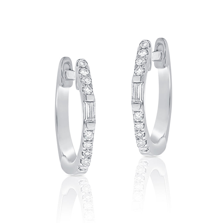 14K White Gold Round and Baguette Diamond Huggie Earrings-EARRINGS-aaron jewelry-