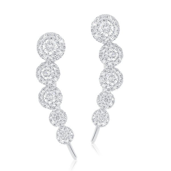 14K White Gold Diamond Five Halo Ear Climber Earrings