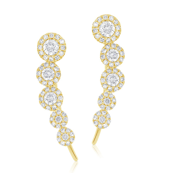 14K Yellow Gold Diamond Five Halo Ear Climber Earrings