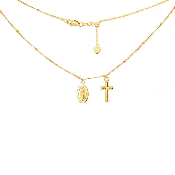 14K Yellow Gold Choker with Dangling Virgin Mary + Cross