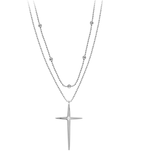 14k White Gold Beaded Double Strand Cross Necklace